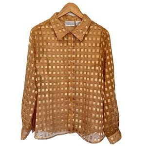 Basic Editions Sheer Jacquard Collared Button Up Gold Holiday Top Shirt Womens L